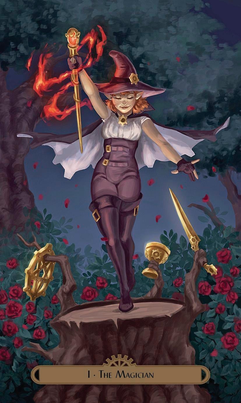 Halloween-Emporium Steampunk Faerie Tarot card featuring The Magician with clockwork gear and magical flame elements.