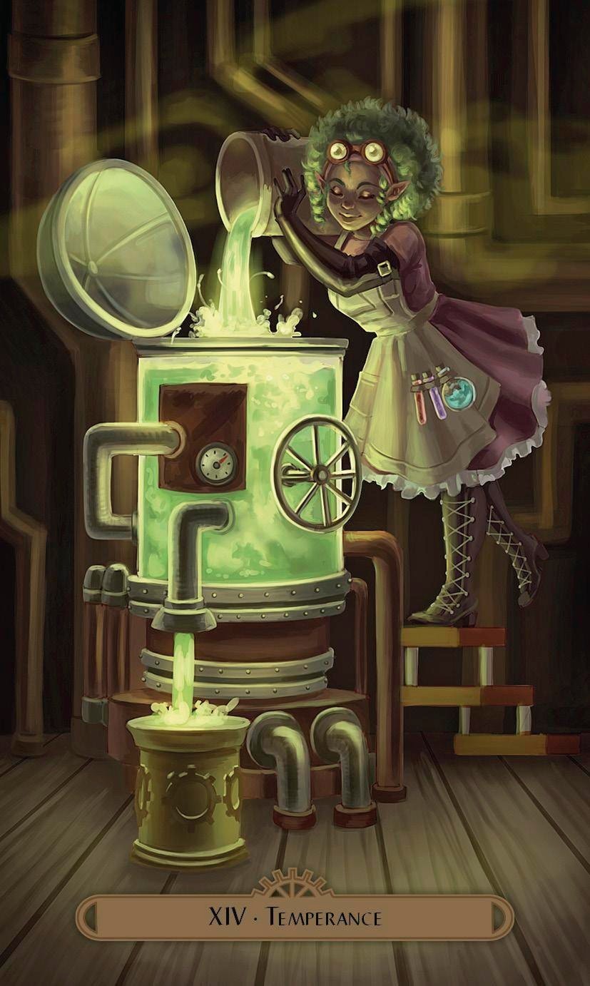 Halloween-Emporium Steampunk Faerie Tarot Temperance card featuring a faerie mixing glowing green liquid in a lab
