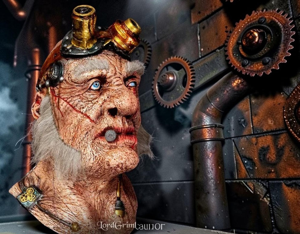 Halloween-Emporium steampunk inventor mask with brass goggles, weathered skin, and faux hair in a laboratory setting.