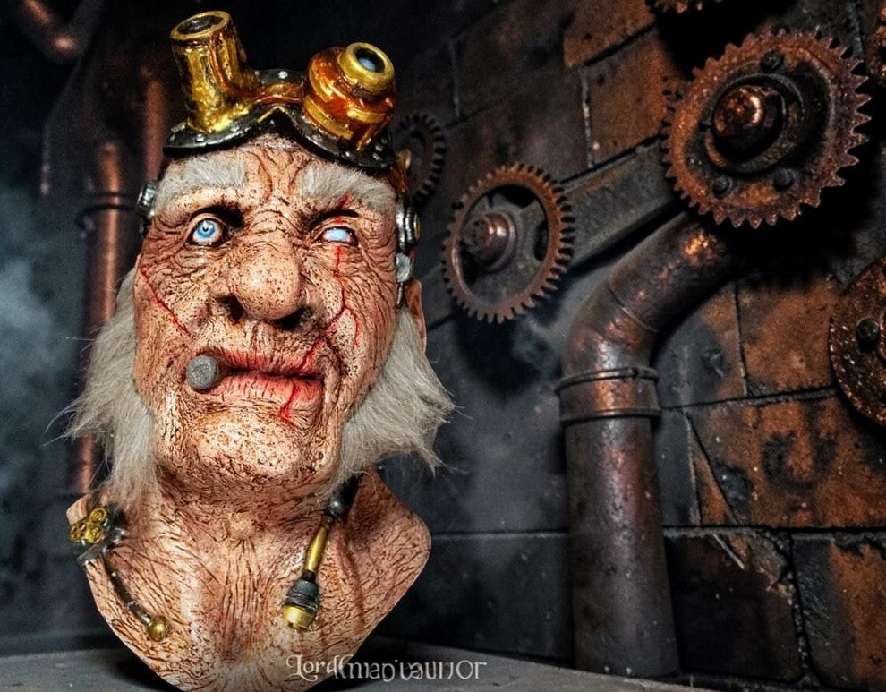 Halloween-Emporium steampunk inventor mask with brass goggles, weathered skin, and faux hair in a laboratory setting.
