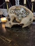 Halloween-Emporium steampunk mechanical human skull decoration with weathered bone finish and metallic gear accents.