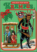 Halloween-Emporium Steven Rhodes Krampus magnet featuring vintage-style colorful illustration of Krampus and children.