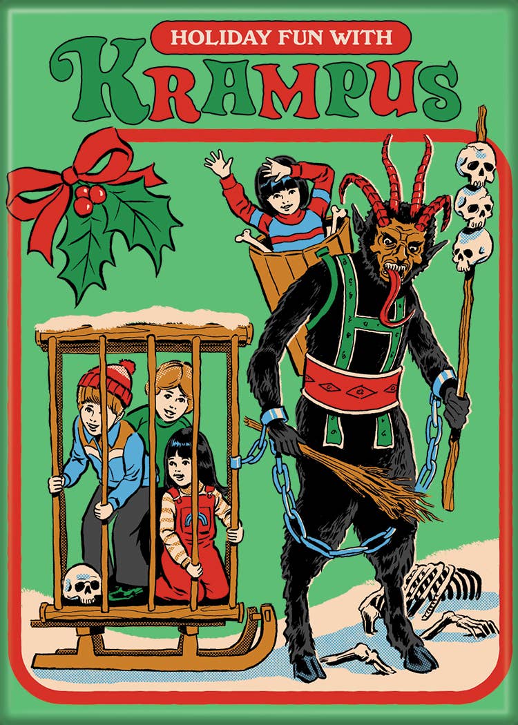 Halloween-Emporium Steven Rhodes Krampus magnet featuring vintage-style colorful illustration of Krampus and children.
