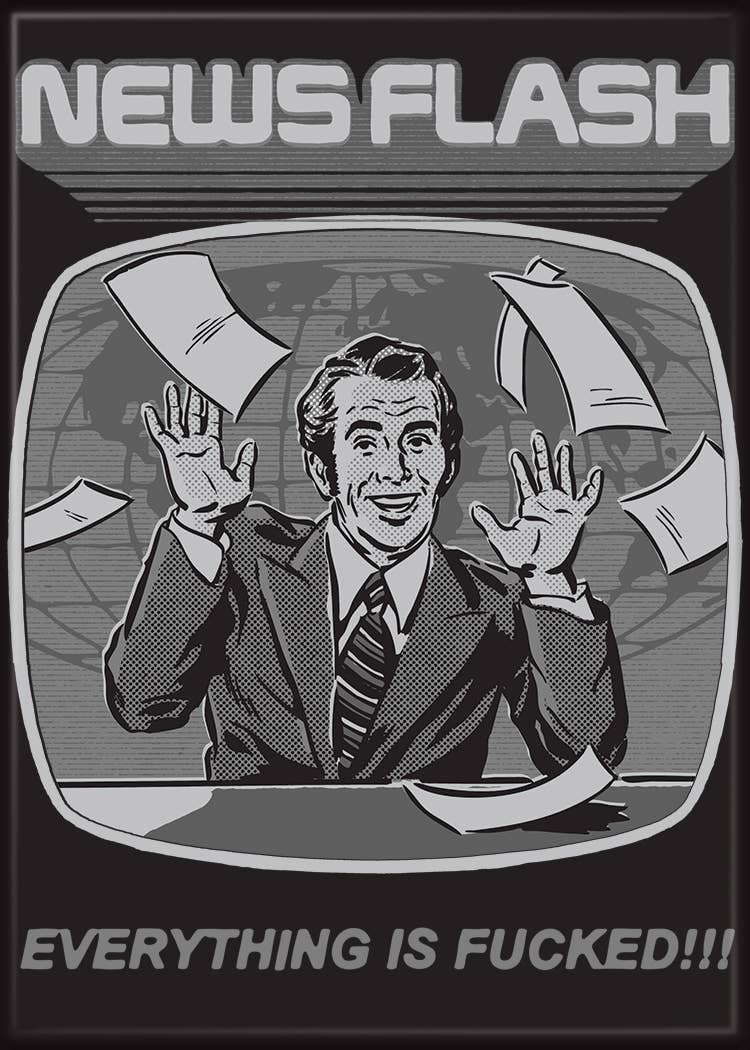 Halloween-Emporium Steven Rhodes News Flash magnet featuring a retro news anchor illustration in comic book style.
