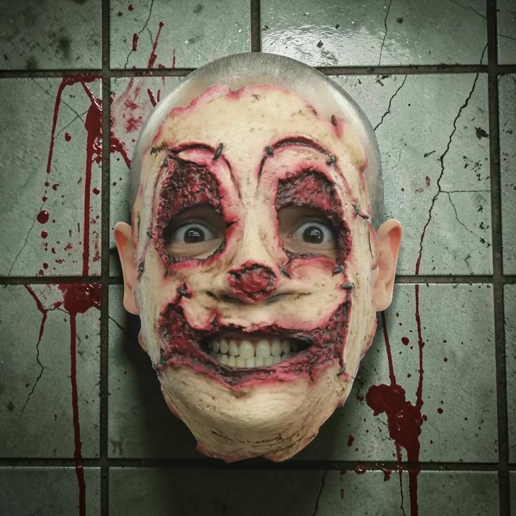 Halloween-Emporium handmade latex serial killer mask with gruesome stitched skin and bloody details on tiled wall