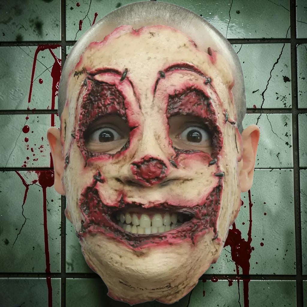 Halloween-Emporium handmade latex serial killer mask with gruesome stitched wounds and blood-red details