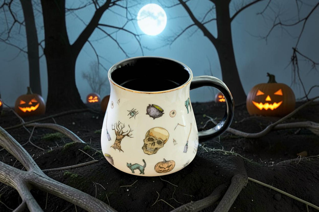 Halloween-Emporium 16oz stoneware mug with spooky skull and cat pattern, black interior, and gold rim in a forest.