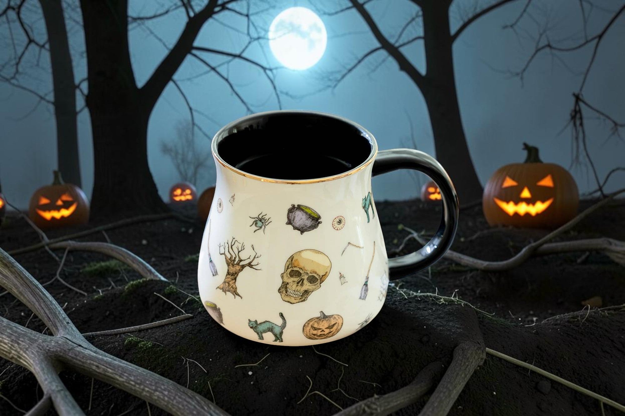 Halloween-Emporium 16oz stoneware mug with spooky skull and cat pattern, black interior, and gold rim in a forest.