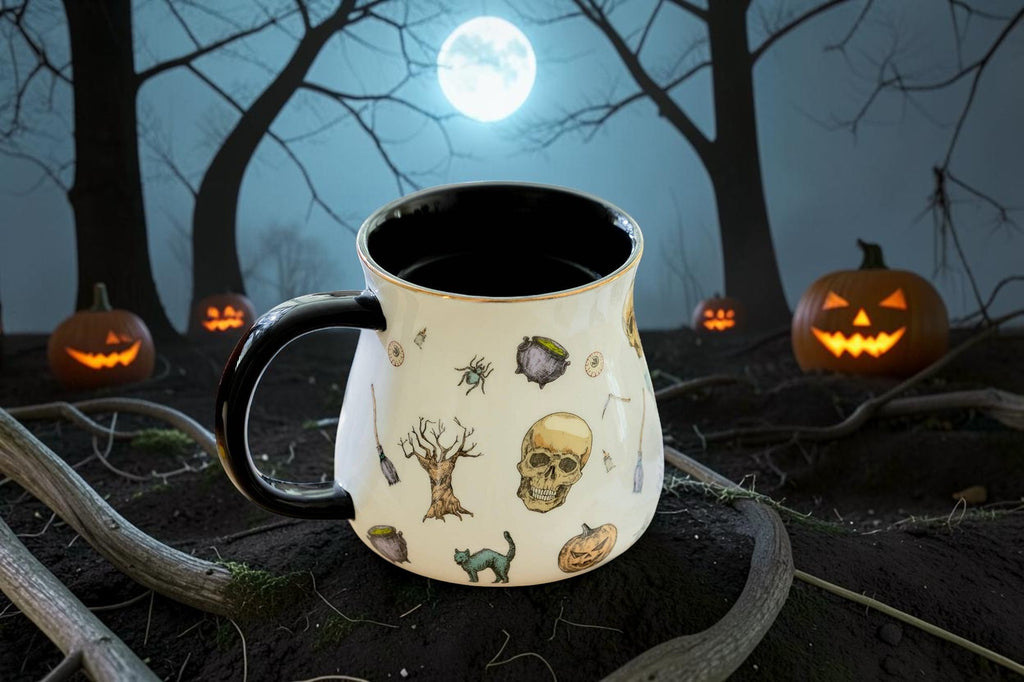 Halloween-Emporium 16oz stoneware mug with spooky skull, cat, and cauldron pattern, black interior, and gold rim.