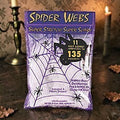 Halloween-Emporium stretchy white spider web decoration in purple packaging with four included plastic spiders