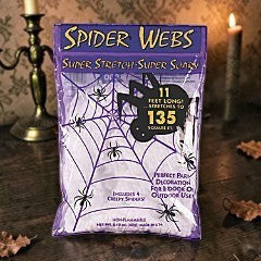 Halloween-Emporium stretchy white spider web decoration in purple packaging with four included plastic spiders
