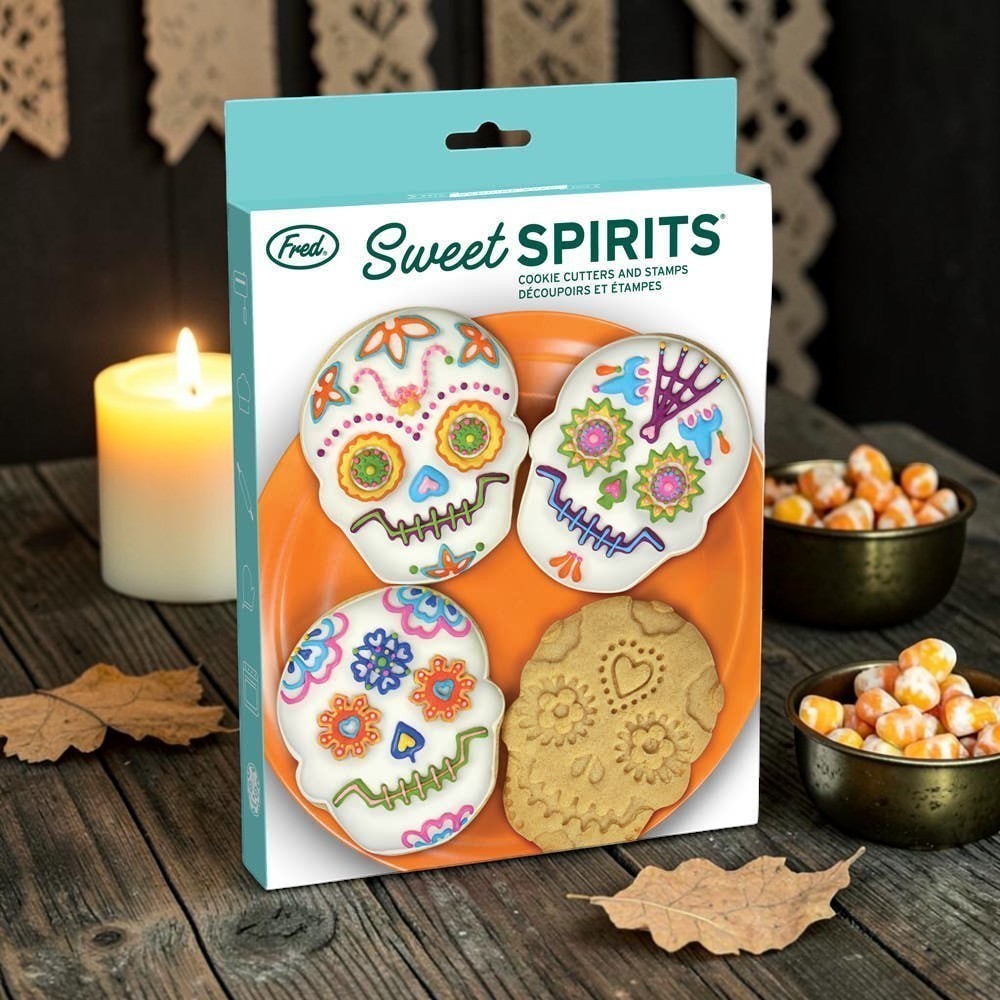 Halloween-Emporium Sweet Spirits sugar skull cookie cutters with embossed floral and geometric designs in packaging.