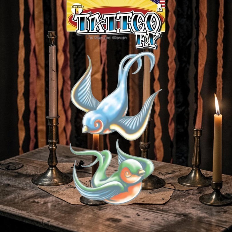 Halloween-Emporium Tattco FX swallow bird temporary tattoos in blue and green vintage sailor styles on a rustic table.