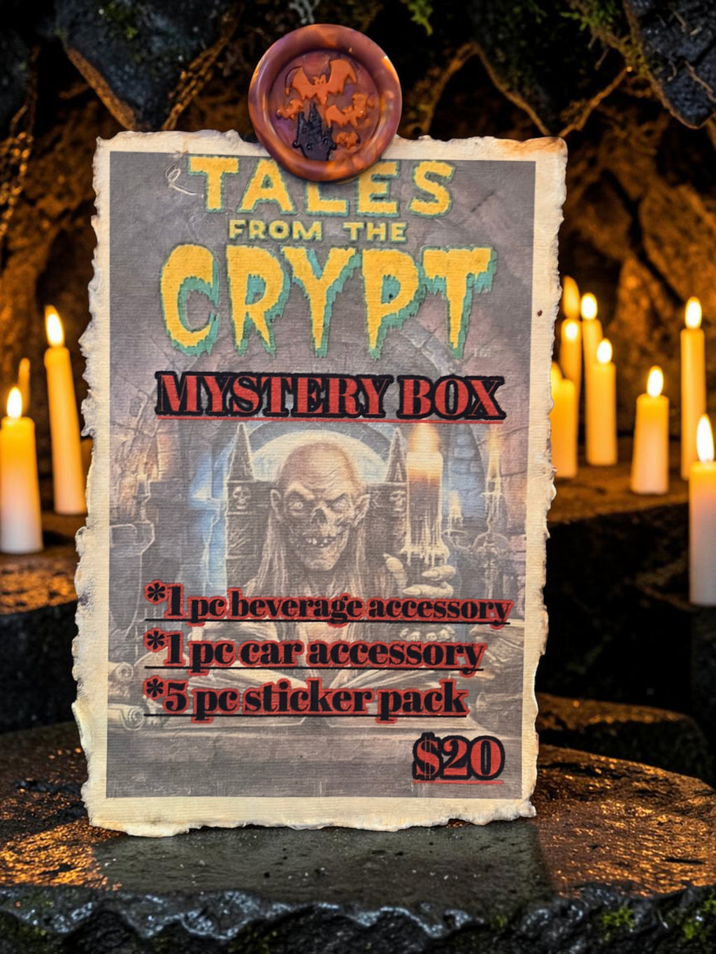 Halloween-Emporium Tales from the Crypt mystery box with wax seal, horror character stickers, and gothic decor.