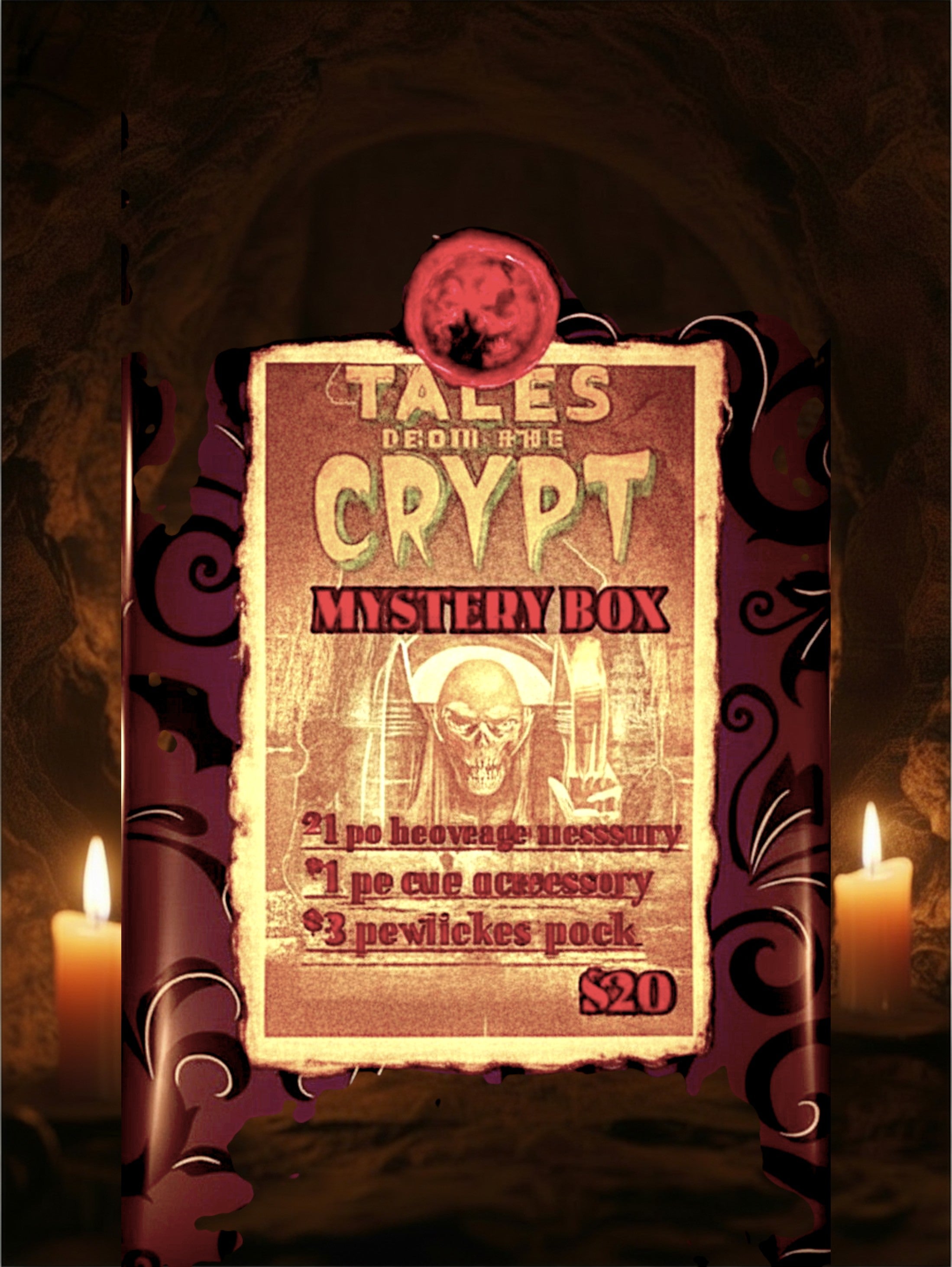 Halloween-Emporium Tales from the Crypt mystery box with a red wax seal, surrounded by glowing candles in a dark cave.