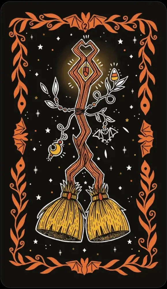 Halloween-Emporium Happy Halloween Tarot card featuring two broomsticks, a bat, and candy corn in a festive art style.