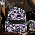 Halloween-Emporium mini backpack featuring a purple and black tarot card print with ghosts, skulls, and crystals.