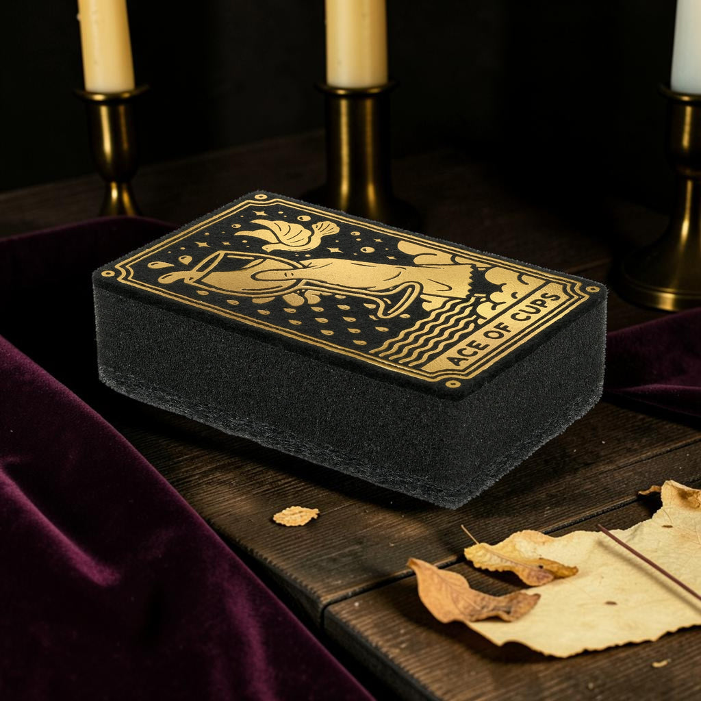 Halloween-Emporium tarot card kitchen sponge featuring an Ace of Cups design in metallic gold on a black background.
