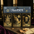 Halloween-Emporium tarot card kitchen sponges featuring gold The Tower, Ace of Cups, and Death designs on black.
