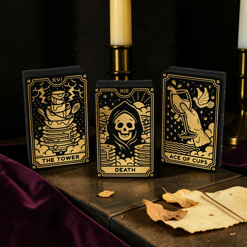 Halloween-Emporium tarot card kitchen sponges featuring gold The Tower, Death, and Ace of Cups designs on black foam