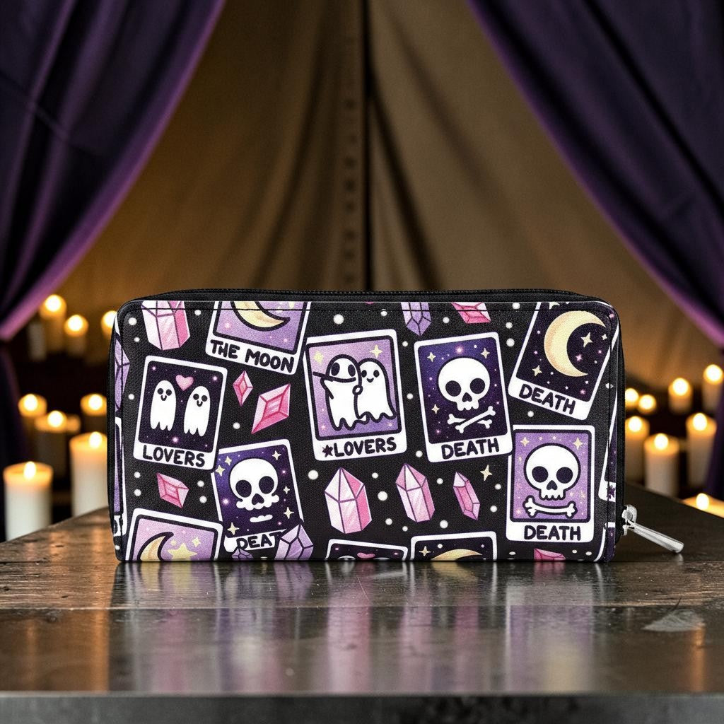 Halloween-Emporium tarot card print vinyl wallet with purple and black gothic skull and ghost patterns