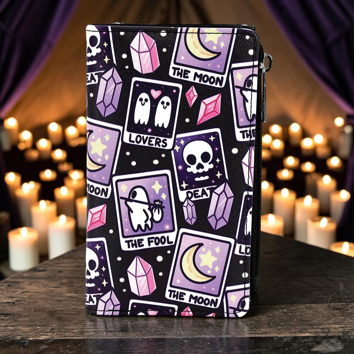 Halloween-Emporium tarot cards vinyl wallet with purple and black mystical print, featuring skulls and ghosts.