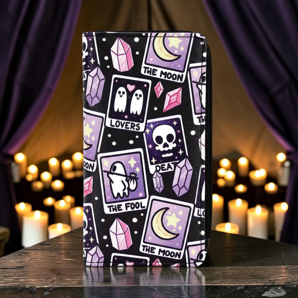 Halloween-Emporium tarot cards vinyl wallet featuring a purple and black mystical print with ghosts and crystals.
