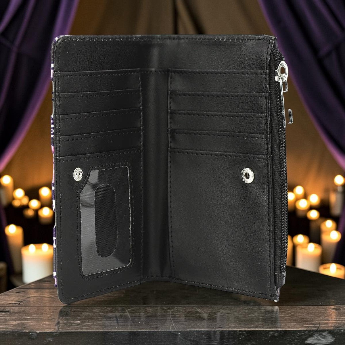 Halloween-Emporium tarot cards vinyl wallet interior with card slots, ID window, and zippered coin compartment.