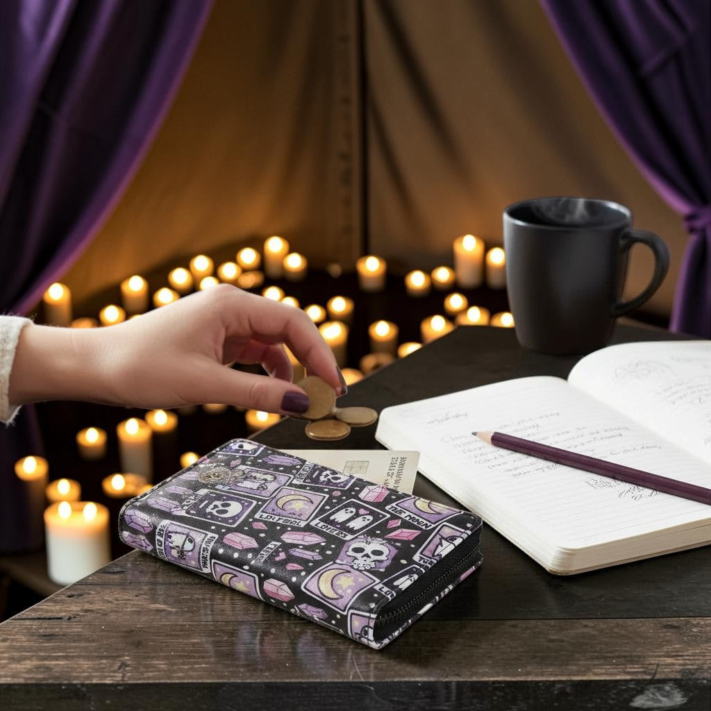 Halloween-Emporium tarot card print vinyl wallet in purple and black with gothic occult patterns on a wooden table.