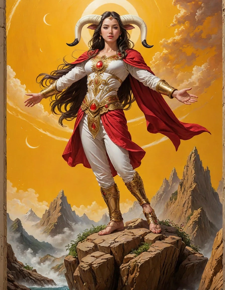 Halloween-Emporium Taurus zodiac tarot card featuring a woman with ram horns in red and white armor against a gold sky.