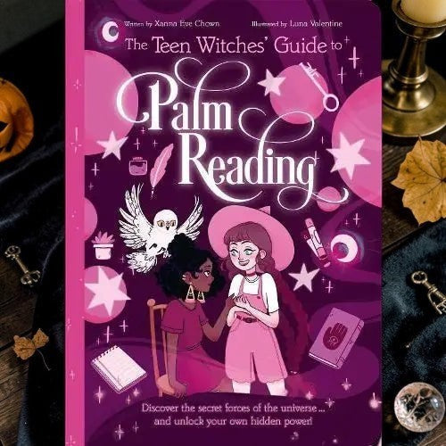 Halloween-Emporium Teen Witches' Guide to Palm Reading paperback book with purple cover and magical illustrations.