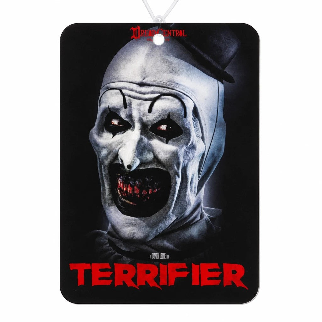 Halloween-Emporium Terrifier air freshener featuring Art the Clown with a coconut vanilla scent for car interiors