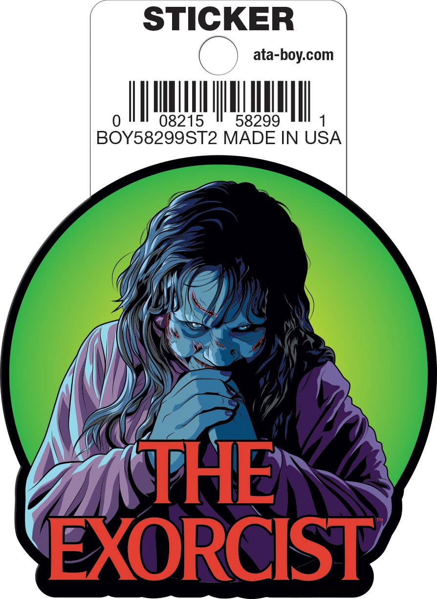 Halloween-Emporium The Exorcist vinyl die-cut sticker featuring Regan in a green circle with purple clothing.
