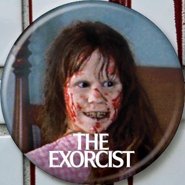 Halloween-Emporium The Exorcist Regan blood button featuring a 1.25-inch round horror movie design.
