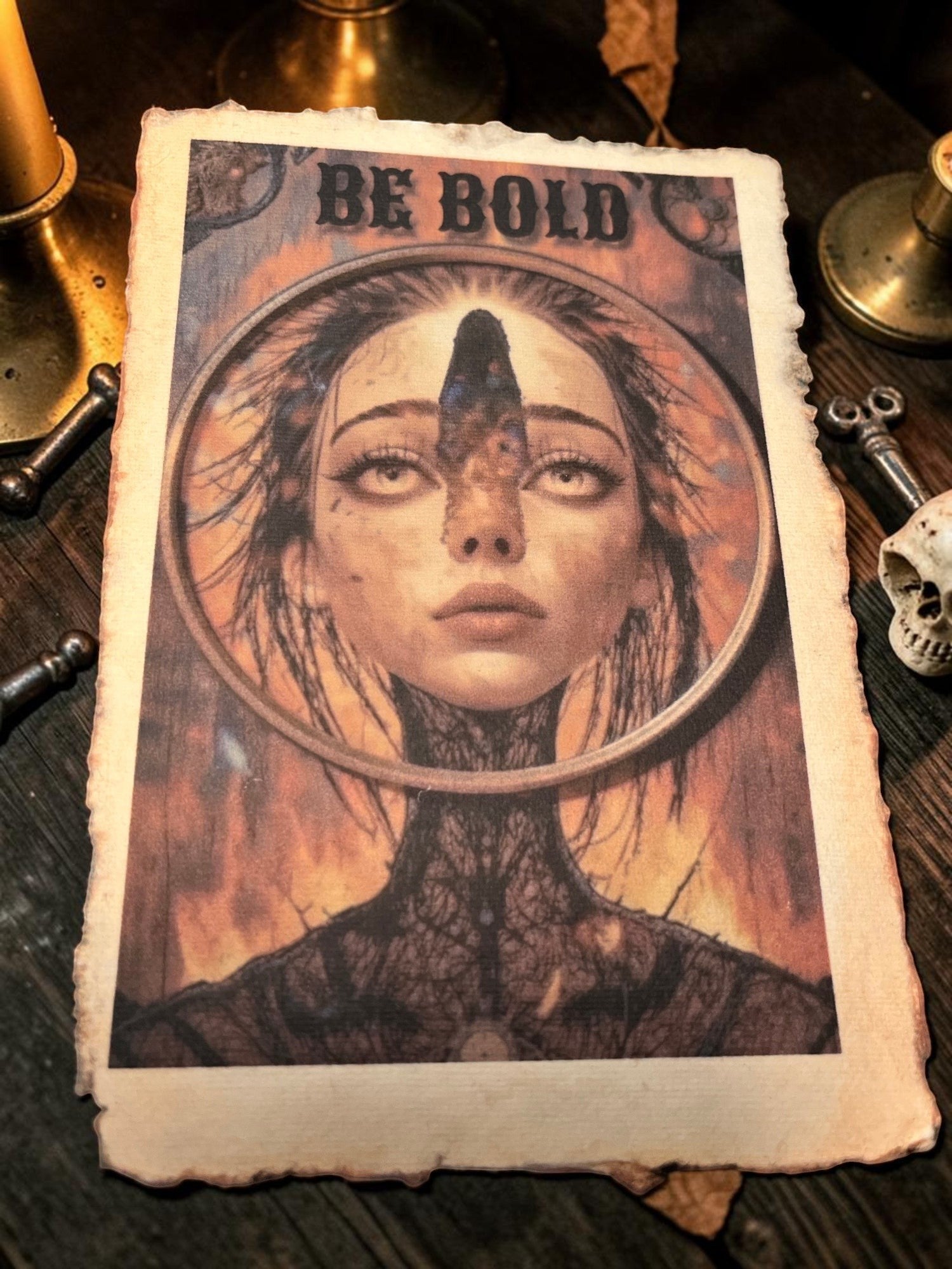 Halloween-Emporium Third Eye greeting card with distressed deckled edges and mystical portrait on cotton paper