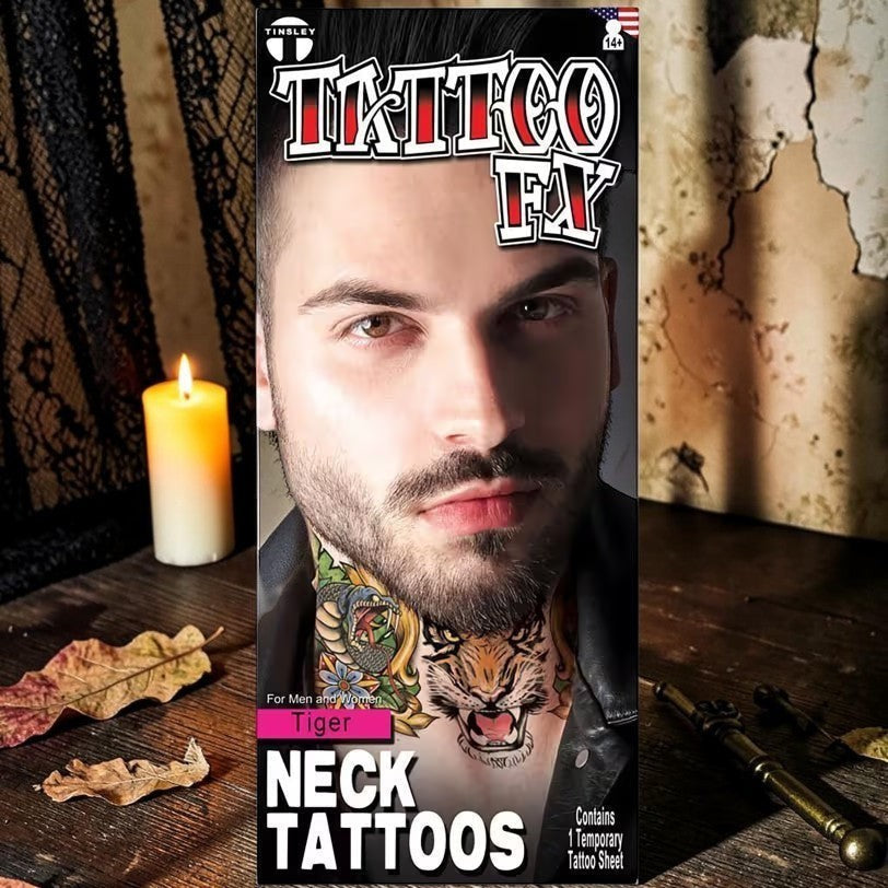Halloween-Emporium Tinsley Transfers tiger neck temporary tattoo on a man, featuring vibrant, detailed animal art.