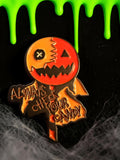 Halloween-Emporium Trick 'r' Treat enamel pin featuring Sam's lollipop and the Always Check Your Candy motto.