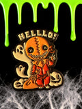 Halloween-Emporium Trick 'r' Treat Sam enamel pin featuring Sam with ghosts, orange pajamas, and a burlap mask.