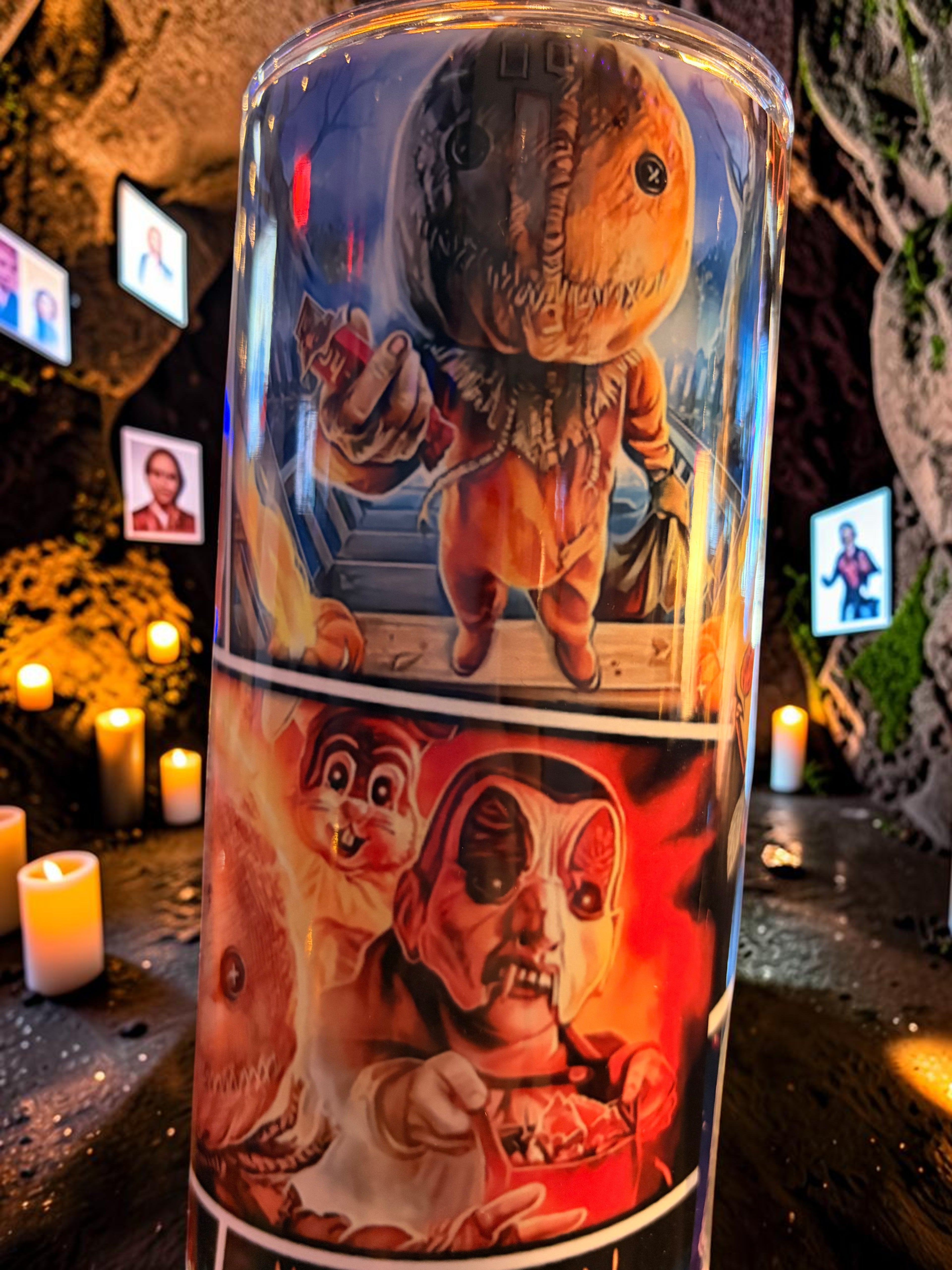 Halloween-Emporium stainless steel tumbler featuring Sam from Trick 'r' Treat with vibrant horror movie artwork.