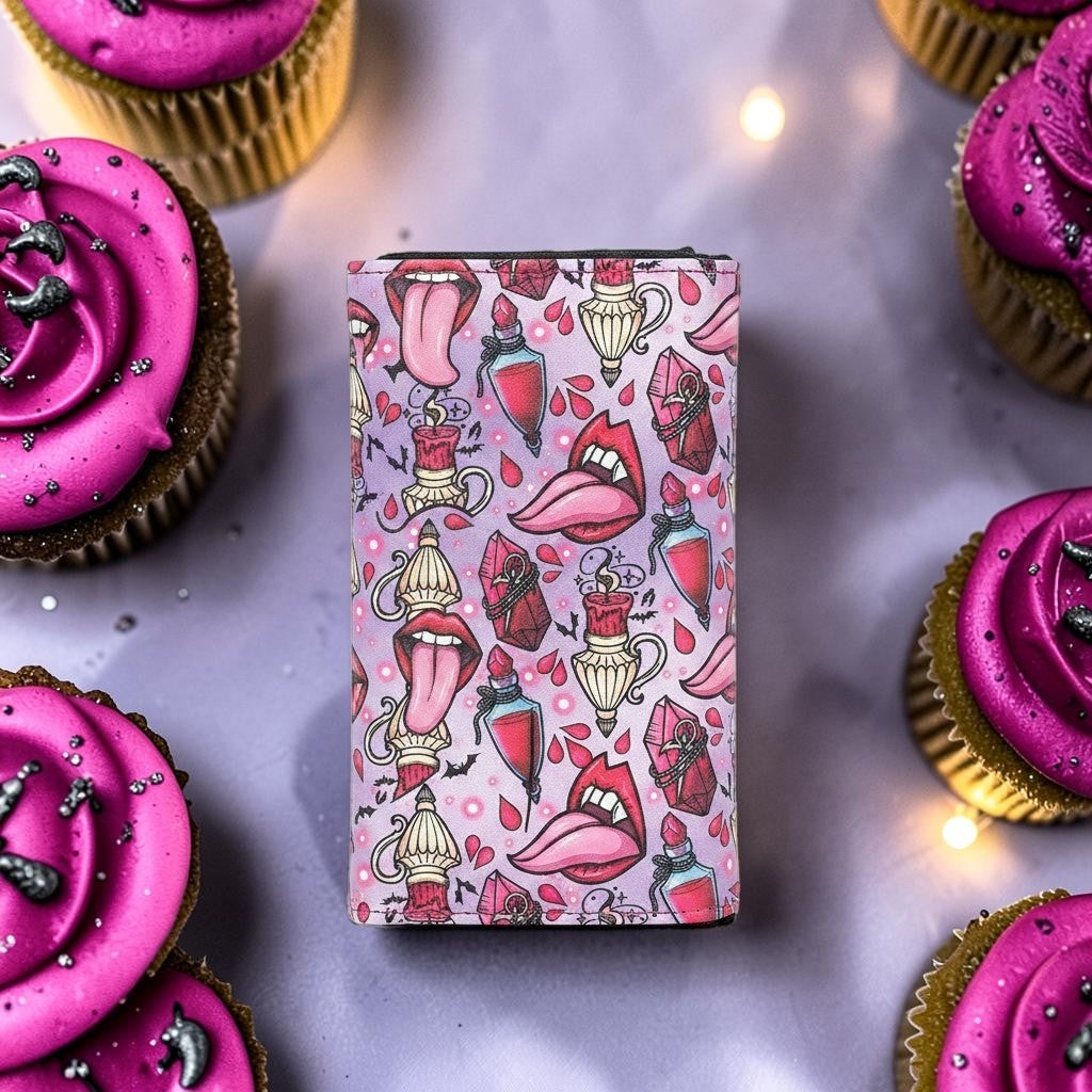 Halloween-Emporium vampire party vinyl wallet with gothic tongue and potion print surrounded by pink cupcakes