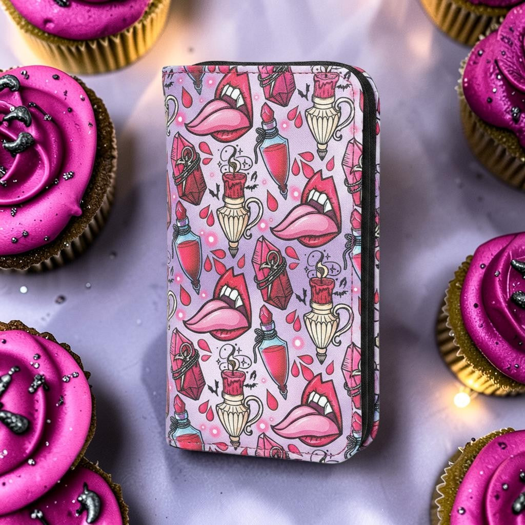 Halloween-Emporium vampire party vinyl wallet with gothic tongue and potion print surrounded by pink cupcakes