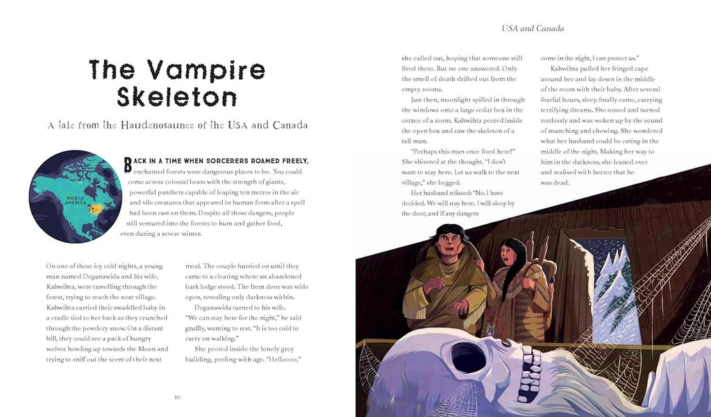 Halloween-Emporium book page featuring The Vampire Skeleton story with an illustration of a couple and a skeleton