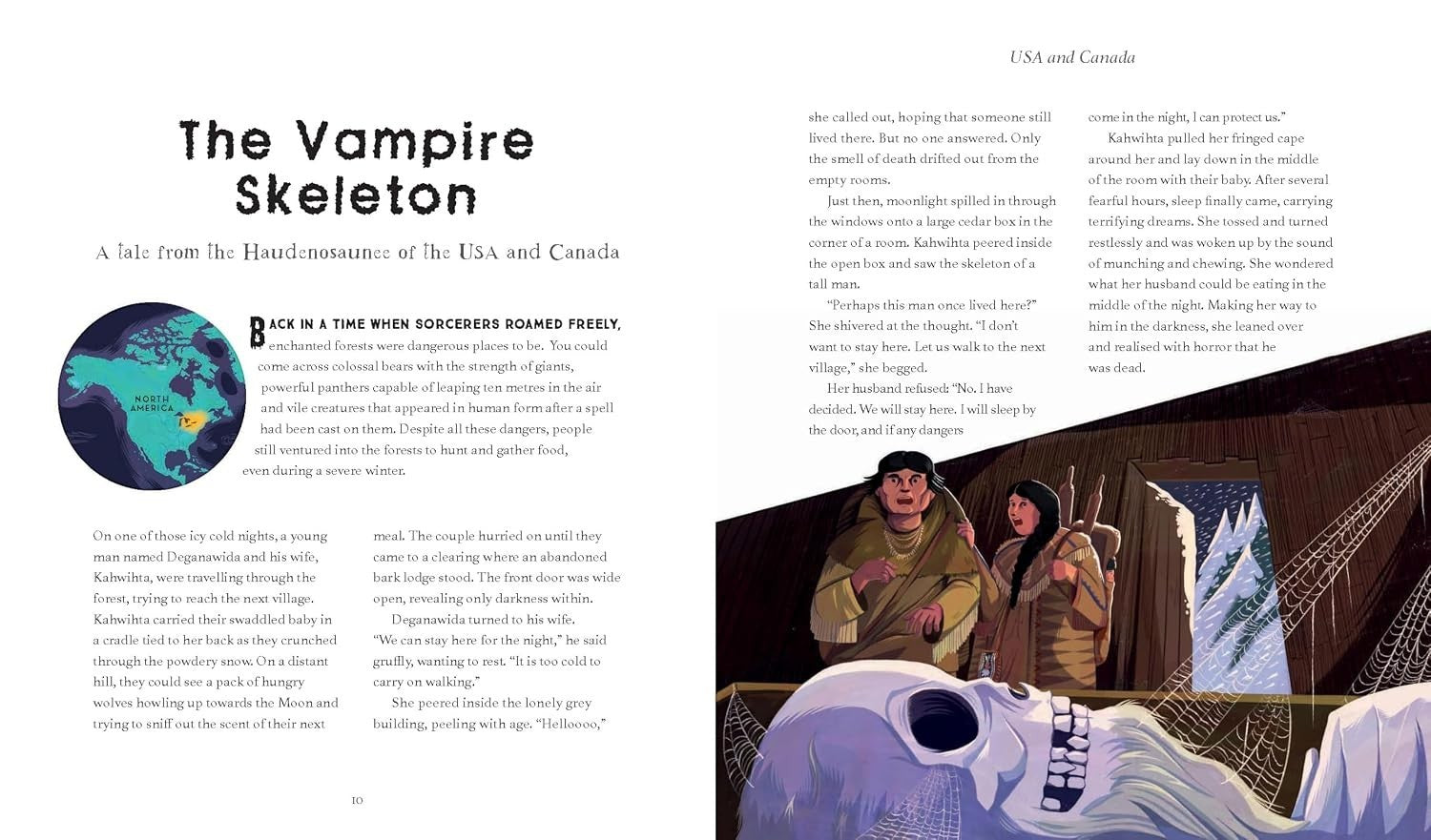 Halloween-Emporium book page featuring The Vampire Skeleton story with an illustration of a couple and a skeleton