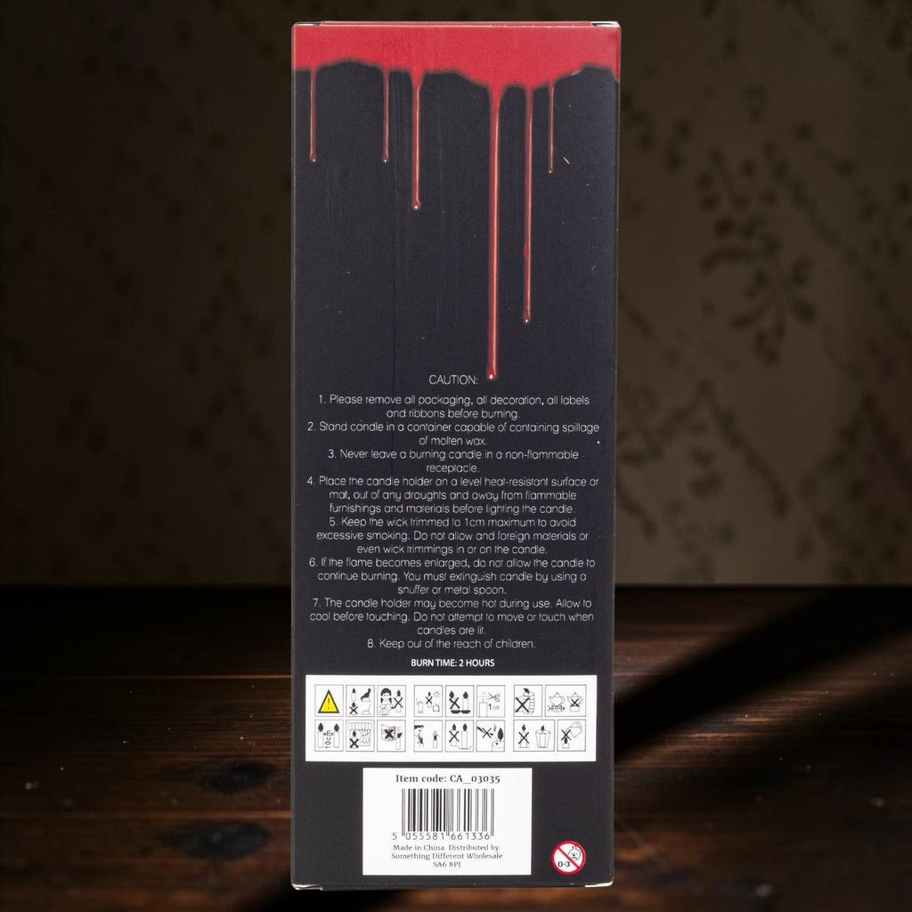 Halloween-Emporium Vampire Tears Taper Candle Set packaging featuring a blood drip design on a black box.