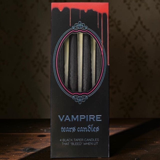 Halloween-Emporium Vampire Tears taper candle set of four in black packaging with gothic red drip design