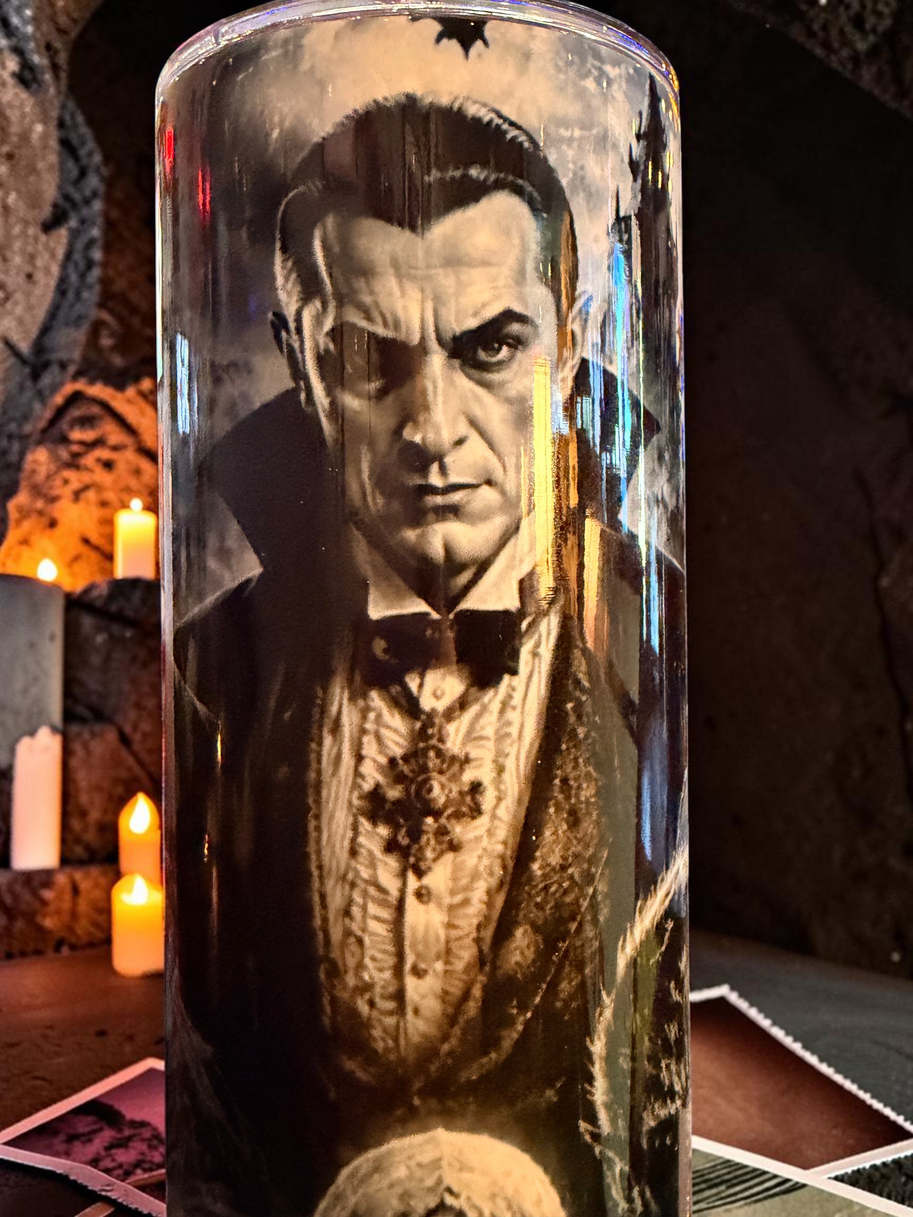 Halloween-Emporium Classic Monster Tumbler featuring a detailed black and white portrait of a vampire in formal wear.