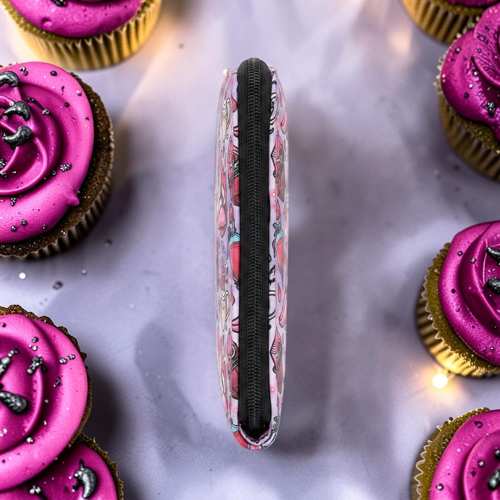 Halloween-Emporium vampire party vinyl wallet with black zipper closure surrounded by pink frosted cupcakes