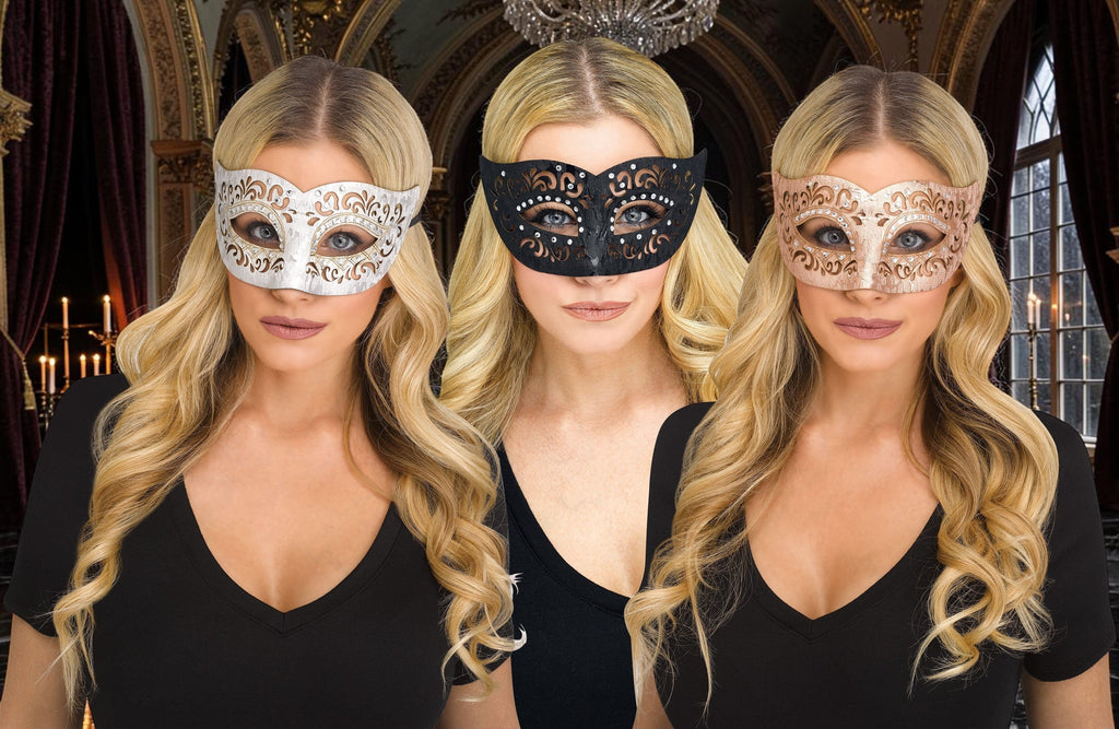 Halloween-Emporium Venetian masquerade masks in silver, black, and rose gold with laser-cut filigree and rhinestones.
