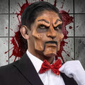 Halloween-Emporium Ghoulish Productions ventriloquist puppet mask with weathered wood texture and red sequin bow tie