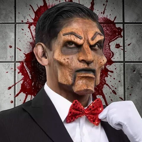 Halloween-Emporium Ghoulish Productions ventriloquist puppet mask with weathered wood texture and red sequin bow tie